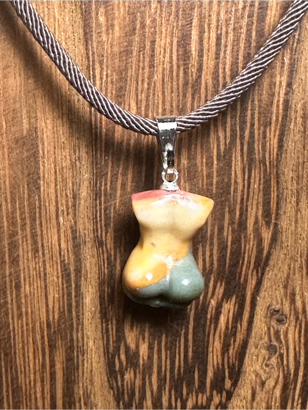 Multicolor Mini Agate Body Carving Pendant Necklace on Brown Rope - Picture 15 of 16